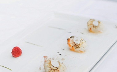 Pikolovi surovi škampi z dimljenim solnim cvetom, 
mlado čebulo in arganovim oljem