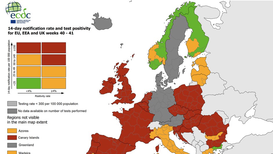 
                            Enoten zemljevid okužb v EU naj bi izboljšal preglednost in predvidljivost ukrepov (foto: ECDC)