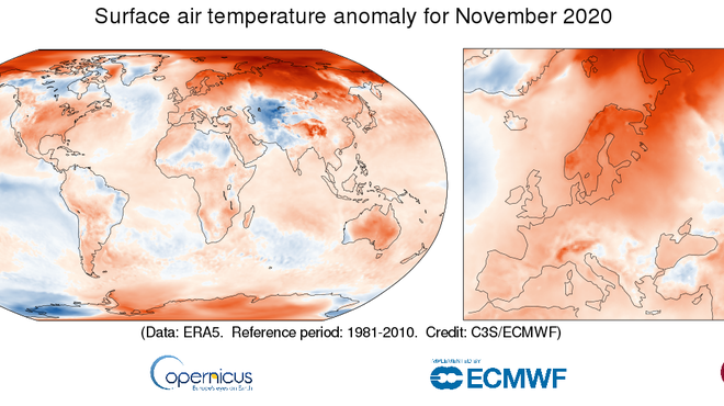 Letošnji november je bil najtoplejši doslej, leto 2020 pa bo verjetno podrlo vse rekorde kot najtoplejše (foto: C3S)
