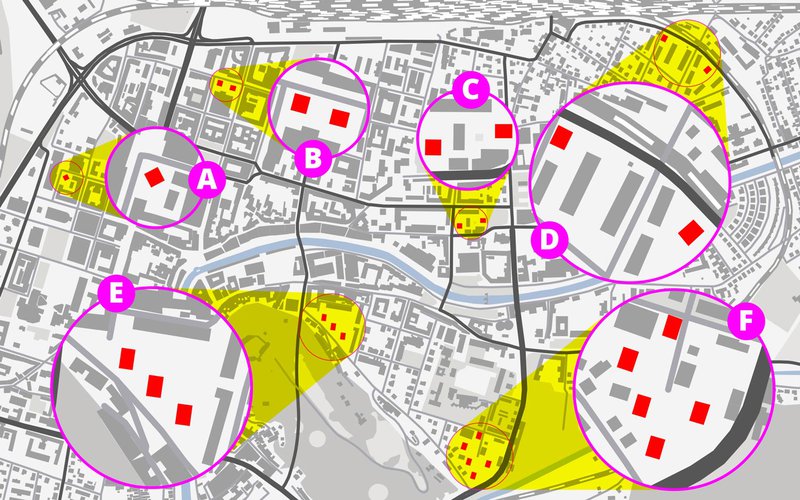 Lokacije 15 potresno najbolj ogroženih stolpnic v središču Ljubljane.