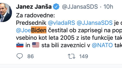 Janša poslal čestitko novemu ameriškemu predsedniku Bidnu