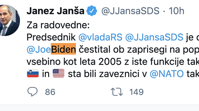Janša poslal čestitko novemu ameriškemu predsedniku Bidnu (foto: Twitter/posnetek zaslona)