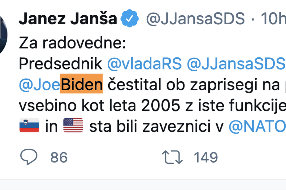Janša poslal čestitko novemu ameriškemu predsedniku Bidnu (foto: Twitter/posnetek zaslona)