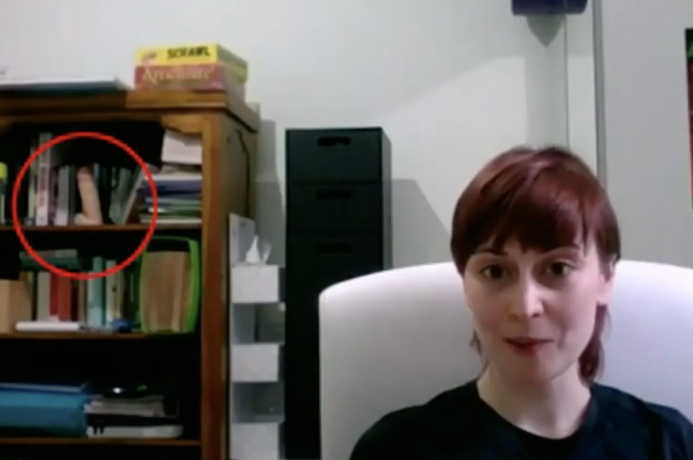 Ko gre Zoom vklop lahko narobe: Javljala se je v živo od doma in v ozadju pozabila dildo (foto: YouTube/posnetek zaslona)