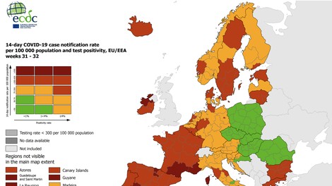 Na zemljevidu ECDC po novem oranžna cela Slovenija