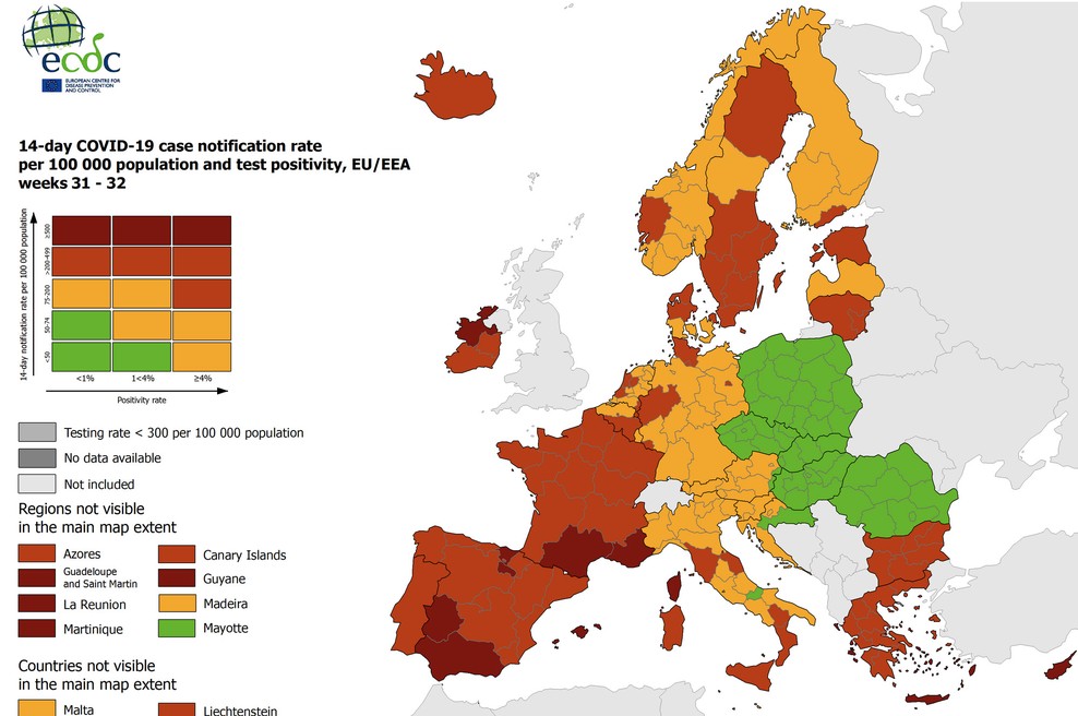 Na zemljevidu ECDC po novem oranžna cela Slovenija (foto: ECDC)