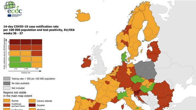 Slovenija na zemljevidu ECDC edina v EU temno rdeča (foto: ECDC)