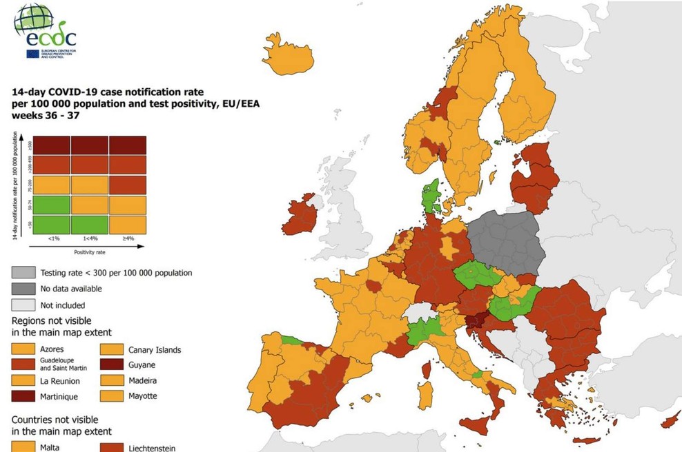 Slovenija na zemljevidu ECDC edina v EU temno rdeča (foto: ECDC)