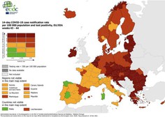 Na zemljevidu ECDC večji del Evrope rdeč in temno rdeč