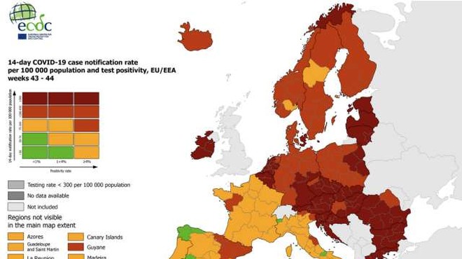 Na zemljevidu ECDC večji del Evrope rdeč in temno rdeč (foto: ECDC)