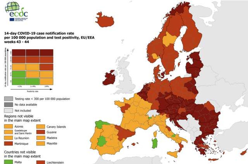Na zemljevidu ECDC večji del Evrope rdeč in temno rdeč (foto: ECDC)