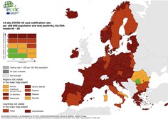 Na zemljevidu ECDC večina Evrope še naprej rdeča ali temno rdeča