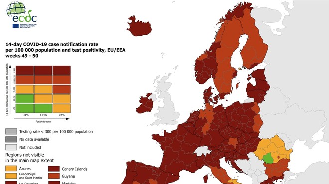 Na zemljevidu ECDC večina Evrope še naprej rdeča ali temno rdeča (foto: ECDC)
