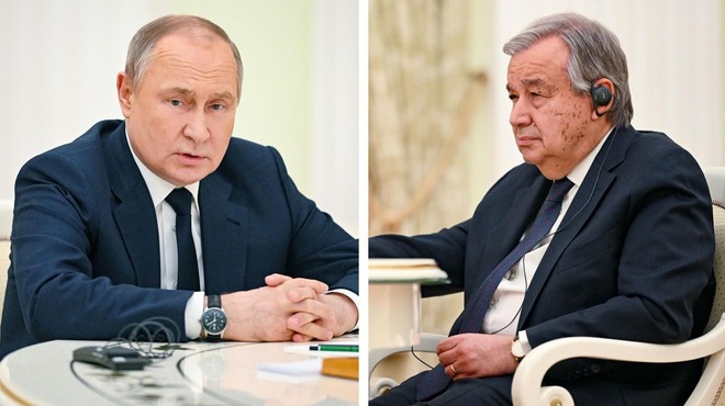 Antonio Guterres pri Putinu ni mencal: "invazija se mora nemudoma nehati!" (foto: Profimedia)