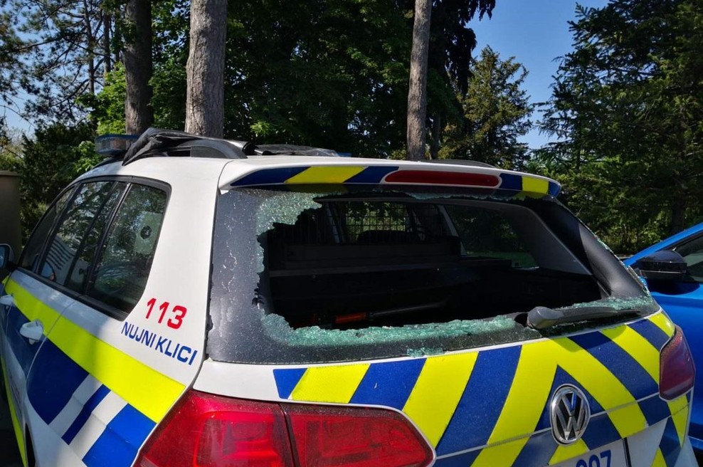 PRESKOČIL je varovalno ograjo in se lotil policijskih vozil (foto: Policija)