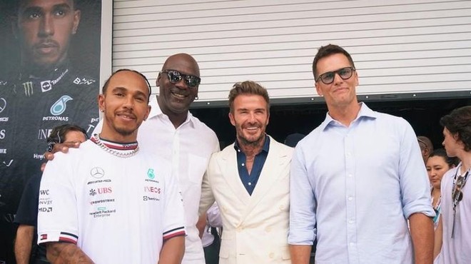 Elitna ekipa. Tom Brady na VN Miamija v družbi Lewisa Hamiltona, Michaela Jordana in Davida Beckhama. (foto: Instagram/Tom Brady)