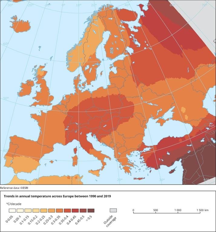 Temperaturni trendi od 1990 do 2019