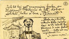 Karikatura, Ivan Jager v pismu Valenčiču ob slavnostni otvoritvi stavbe Narodnega doma češkega arh. Františka E. Škabrouta, 1896, hrani MAO.