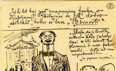 Karikatura, Ivan Jager v pismu Valenčiču ob slavnostni otvoritvi stavbe Narodnega doma češkega arh. Františka E. Škabrouta, 1896, hrani MAO.