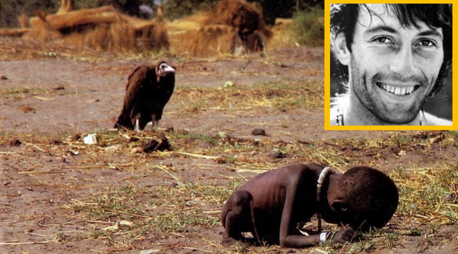 Zakaj fotograf Kevin Carter ni pomagal umirajoči deklici, ki jo je želel pojesti jastreb? (foto: historyofyesterday/fotomontaža)