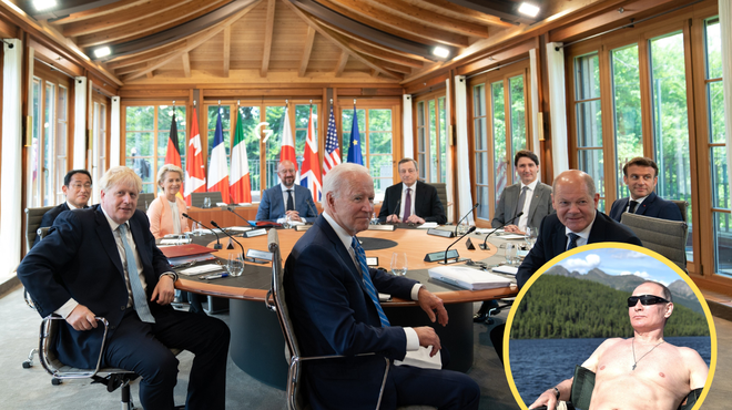 Voditelji G7 vrh začeli s posmehovanjem Putinu: kdo je bolj možat? (foto: Profimedia/fotomontaža)