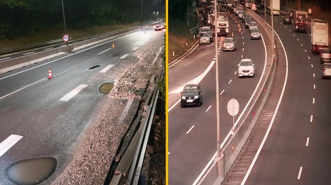 Neurje povzročilo strašne poškodbe cestišč, nastajajo zastoji (foto: Facebook Promet.si/fotomontaža)