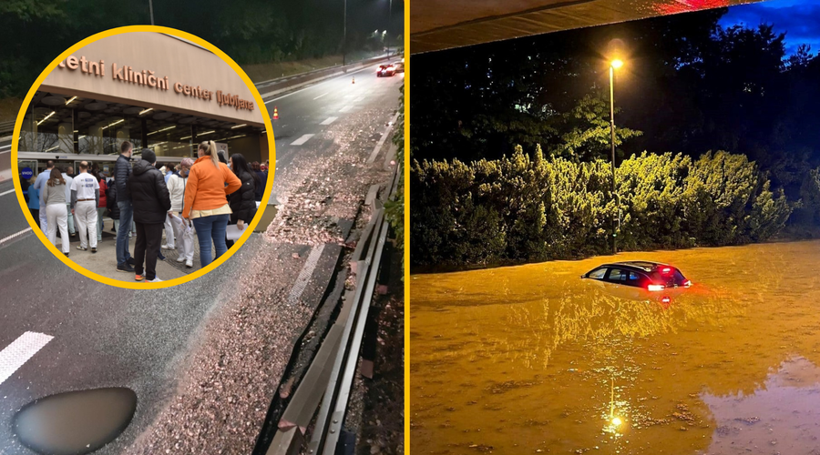 Grozljive posledice neurja: zalilo tudi bolnišnico (foto: Uredništvo/Bobo/Facebook Promet.si/fotomontaža)