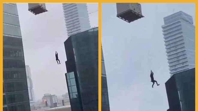 Šokantni posnetki: kričeči delavec obtičal v zraku več sto metrov nad tlemi (foto: Fotomontaža/Twitter/Simcoenews)