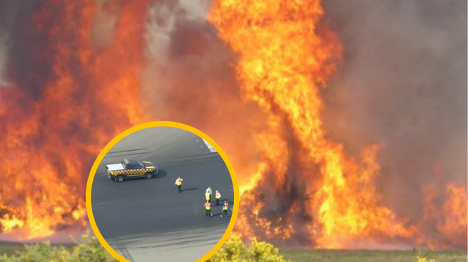 V Veliki Britaniji bolj vroče kot v Sahari: avtomobili v plamenih, topijo se celo tla na letališču ... (foto: Twitter/fotomontaža)