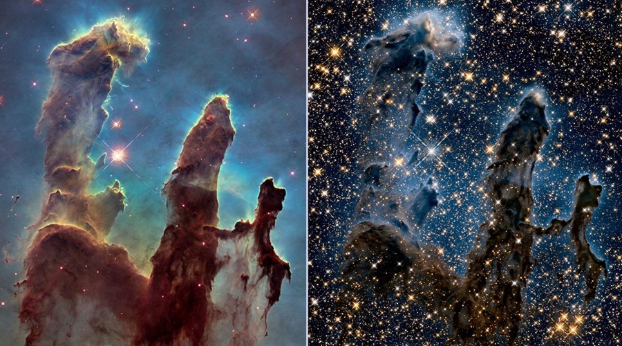 Takšna je primerjava slik Hubbla in Webba (foto: NASA, ESA, the Hubble Heritage Team (STScI/AURA), A. Nota (ESA/STScI), Westerlund 2 Science Team)