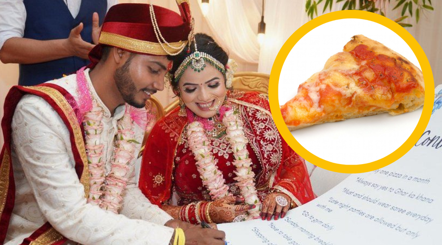 V poročno pogodbo sta vključila tudi pravilo o pici (foto: Fotomontaža/WEDLOCK_PHOTOGRAPHY_ASSAM/Profimedia)