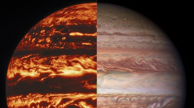 Jupiter v infrardeči svetlobi (levo) teleskopa Gemini North in v vidni svetlobi (desno vesoljskega teleskopa Hubble (foto: International Gemini Observatory/NOIRLab/NSF/AURA/NASA/ESA, M.H. Wong and I. de Pater (UC Berkeley) et al.)