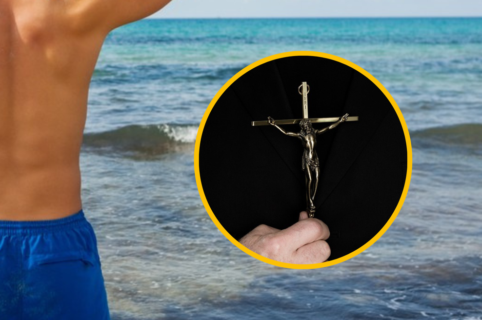 Javnost ogorčena: katoliški duhovnik cerkveni obred vodil kar v kopalkah (foto: Profimedia/fotomontaža)