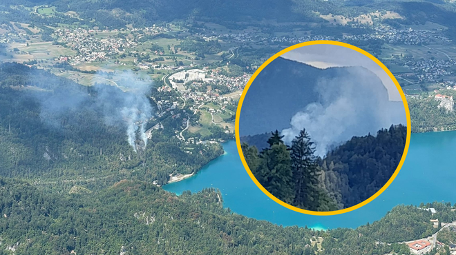 Požar na Bledu: poleg gasilcev na terenu tudi helikopter (foto: PU Kranj/Facebook/Blaž Jaz)