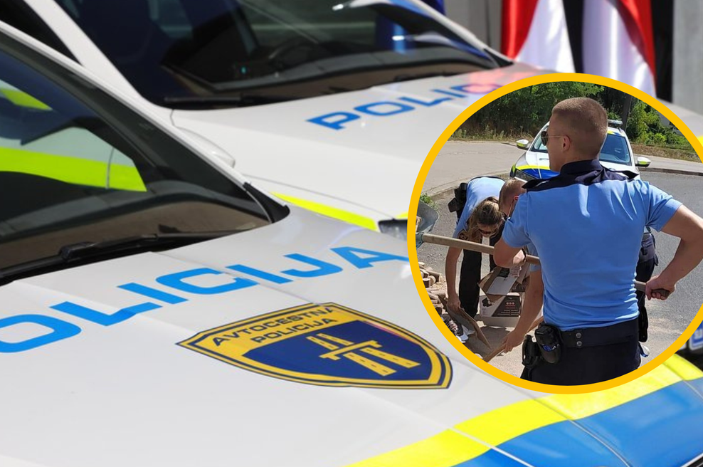 Ne boste verjeli: slovenski policisti morajo včasih prijeti tudi za lopato (foto: Bobo/Facebook/Slovenska policija/fotomontaža)