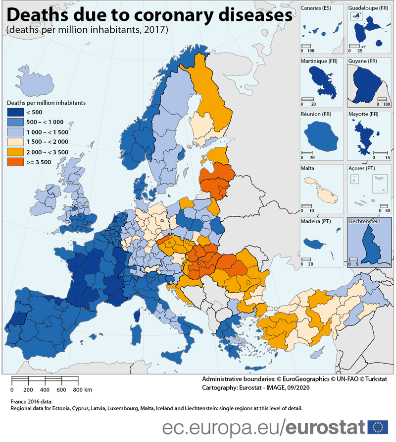 Število smrti zaradi koronarnih bolezni na milijon prebivalcev v letu 2017