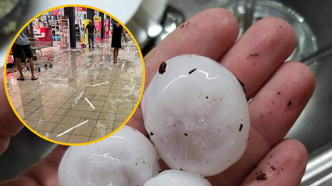 FOTO: 4-centimetrska toča uničila streho nakupovalnega središča in padala po kupcih (foto: Facebook/Pazzi per il meteo goriziano & storm chasing - PMG/fotomontaža)