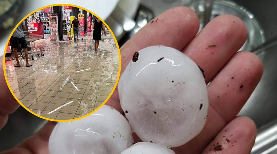 FOTO: 4-centimetrska toča uničila streho nakupovalnega središča in padala po kupcih (foto: Facebook/Pazzi per il meteo goriziano & storm chasing - PMG/fotomontaža)