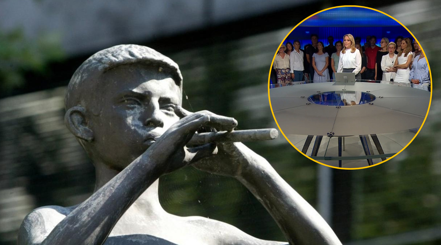 Del sodelavcev informativnega programa nacionalne televizije z javnim sporočilom: "Izražamo odločen protest ..." (foto: Facebook/RTV Slovenija/Facebook/Društvo novinarjev Slovenije/fotomontaža)