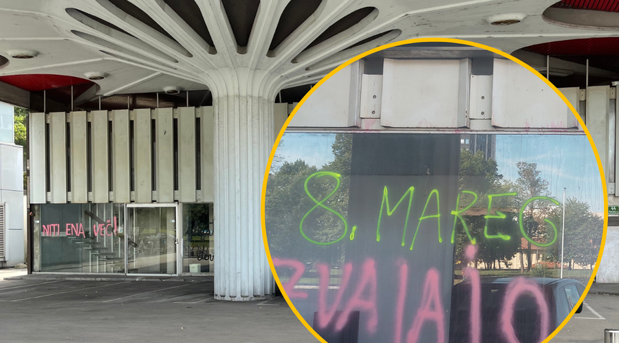 Imamo pojasnila, ali je Inštitut 8. marec povezan z novim grafitom na vhodu v Fotopub (foto: Uredništvo/fotomontaža)