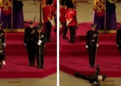 (VIDEO) Drama v Londonu: kraljevi stražar se je zgrudil pred krsto Elizabete II.