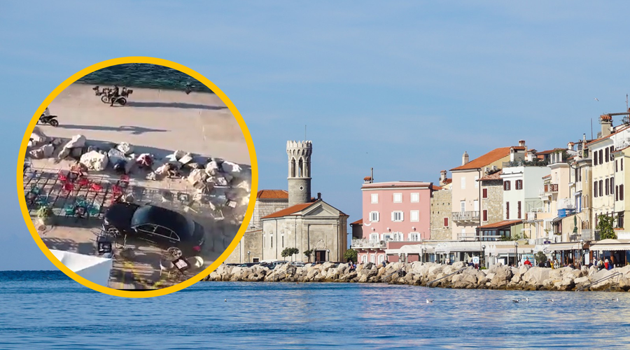 V Piranu z avtom drvel čez teraso gostinskega lokala, slišalo se je streljanje (foto: Bobo/PS/Youtube/Regional/fotomontaža)