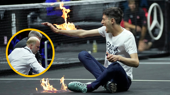 FOTO in VIDEO: Prekinil dvoboj in se hotel vpričo Federerja in Đokovića zažgati na igrišču (foto: Twitter/UcheAmako/fotomontaža)