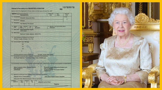 Mrliški list kraljice Elizabete II. je preplavil splet. Ste opazili to zanimivo podrobnost? (foto: Profimedia/Fotomontaža)