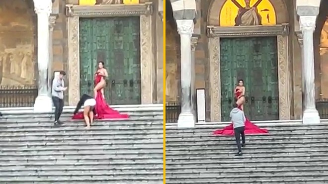 VIDEO: Nesprejemljivo? Turistka se je gola fotografirala pred cerkvijo (foto: Facebook/Amalfinotizie/posnetek zaslona/fotomontaža)