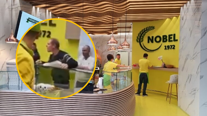 Razgrajal v ljubljanski prodajalni hitre prehrane: vse so posneli (VIDEO) (foto: Facebook/Nobel burek/Twitter/Mati Tereza/posnetek zaslona/fotomontaža)