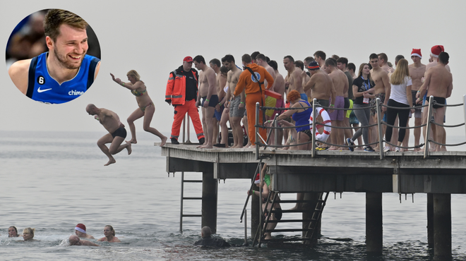 Najbolj pogumni v novo leto s skokom v morje, je bil med njimi tudi Luka Dončić?  (FOTO) (foto: Žiga Živulovič jr./Bobo/Profimedia/fotomontaža)