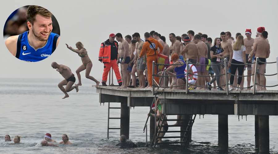 Najbolj pogumni v novo leto s skokom v morje, je bil med njimi tudi Luka Dončić?  (FOTO) (foto: Žiga Živulovič jr./Bobo/Profimedia/fotomontaža)