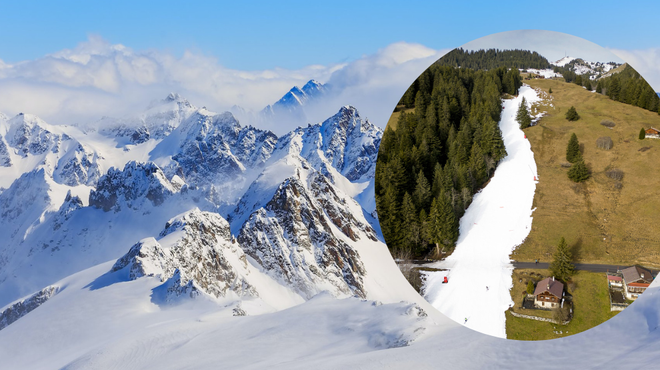 Na bajnih smučiščih švicarskih Alp pred smučarsko sezono skoraj ni več snega (FOTO) (foto: Twitter/Travelers hub Nigeria/The News Movement/fotomontaža)