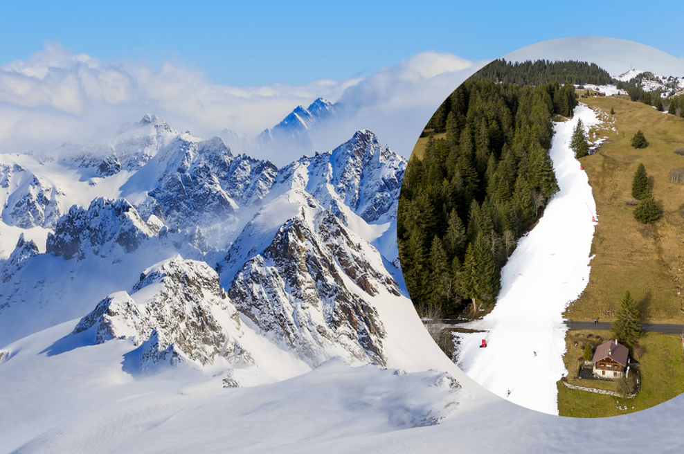 Na bajnih smučiščih švicarskih Alp pred smučarsko sezono skoraj ni več snega (FOTO) (foto: Twitter/Travelers hub Nigeria/The News Movement/fotomontaža)